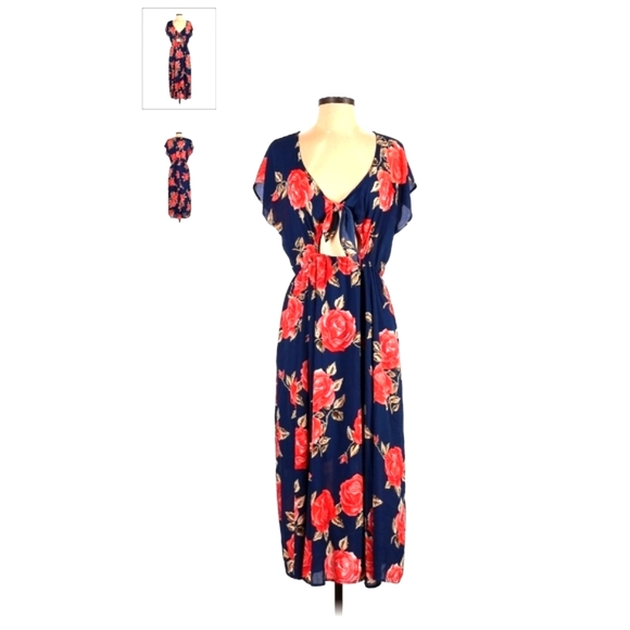 June & Hudson Blue Floral Wrap Dress (Size 1, Chest 33.5", Length 51.25") - Picture 3 of 6